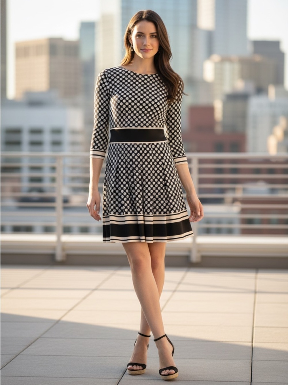 Eliza J Vintage Black Cream Colorblock Printed Pleated MIDI Dress Career Plus 14